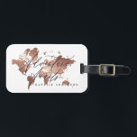 Etiqueta Para Maletas Adventure espera el mapa del mundo de las acuarela<br><div class="desc">Adventure espera el efecto metálico rosa de marcas de equipajes del mundo del oro. Texto manuscrito y hermosos ilustraciones clásicos de cobre o oro rosa. Ideal para recién casados luna de miel o regalos de graduación.</div>