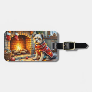 Etiqueta Para Maletas Affenpinscher Sentado Chimenea Luces de Navidad