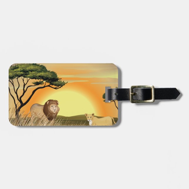 Etiqueta Para Maletas African Safari Sunset Lion and Lioness (Frente Horizontal)