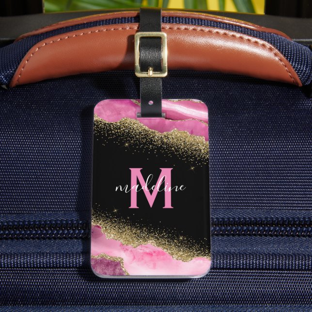 Etiqueta Para Maletas Ágata Geoda Rosa Monogramada (Anverso In situ 2)