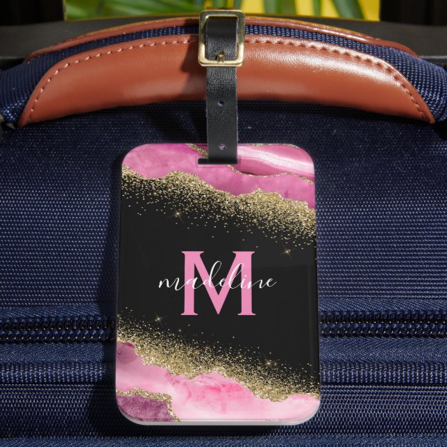 Etiqueta Para Maletas Ágata Geoda Rosa Monogramada (Anverso In situ 2)