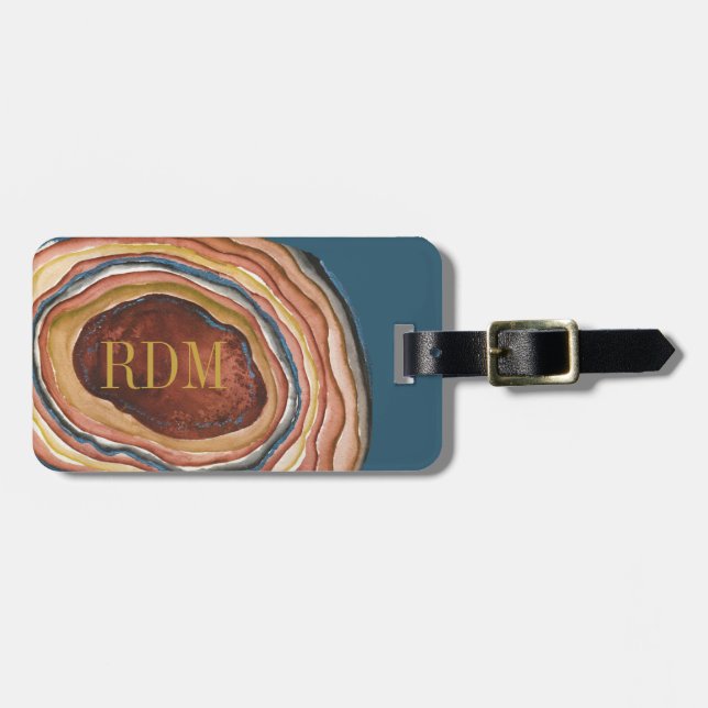 Etiqueta Para Maletas Agate Geode Monograma Acuarela Azul Cálido Ochre (Frente Horizontal)