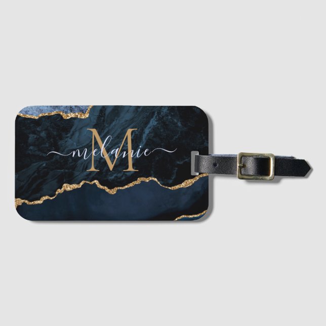 Etiqueta Para Maletas Agate Navy Blue Gold Gemstone Marble Monograma (Anverso horizontal)