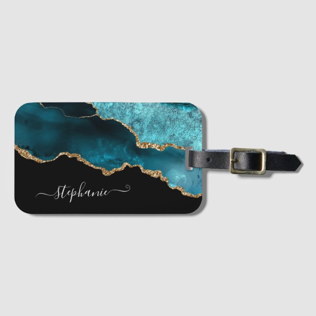 Etiqueta Para Maletas Ageo Verde azulado moderno personalizado acuarela  (Anverso horizontal)