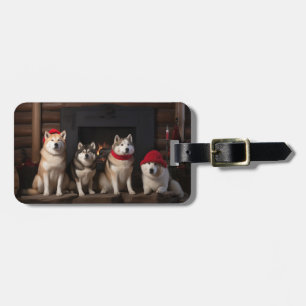 Etiqueta Para Maletas Akita junto a la chimenea Navidad 