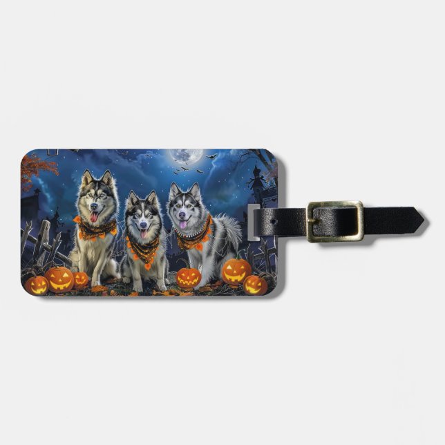 Etiqueta Para Maletas Alaskan Malamute Halloween Spooky (Frente Horizontal)