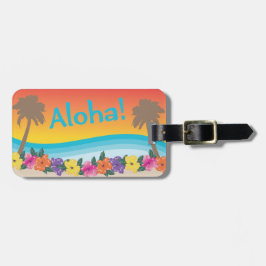Etiqueta Para Maletas ¡Aloha! Escenario tropical de la playa de atardece