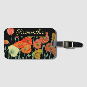 Etiqueta Para Maletas Amapolas florales naranja y negro rojo naranja
