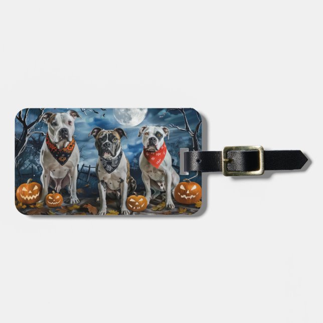 Etiqueta Para Maletas American Staffordshire Halloween Spooky (Frente Horizontal)
