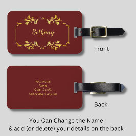 Etiqueta Para Maletas Añadir nombre, oro amarillo en rojo oscuro marrón