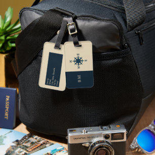 Etiqueta Para Maletas Ancla azul marino con costa monogramo beige