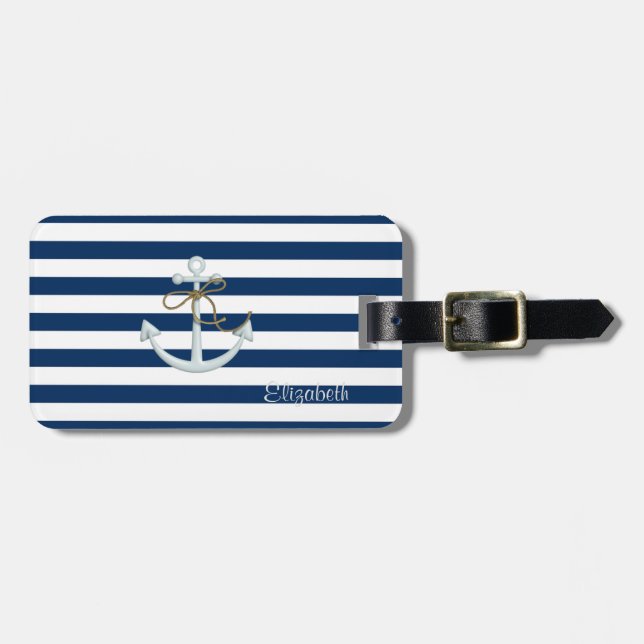 Etiqueta Para Maletas Ancla Náutica OnNavy Blue Stripes-Personalizado (Frente Horizontal)