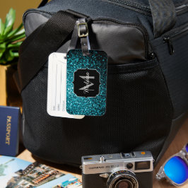 Etiqueta Para Maletas Aqua azul brillante purpurina chispas Monograma