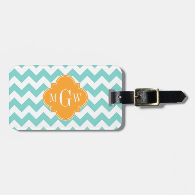 Etiqueta Para Maletas Aqua Wht Chevron Cantaloupe Quatrefoil 3 Monograma (Frente Horizontal)
