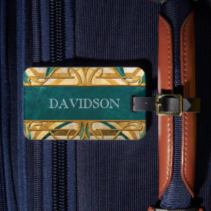 Etiqueta Para Maletas Art Deco Verde y Rayas Doradas Personalizadas
