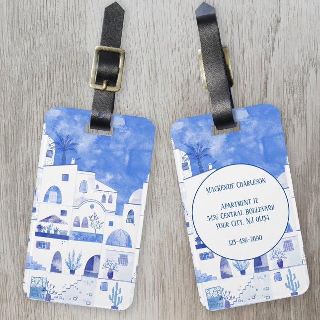 Etiqueta Para Maletas Arte acuático de Santorini (Santorini blue and white watercolor painting on luggage tags)