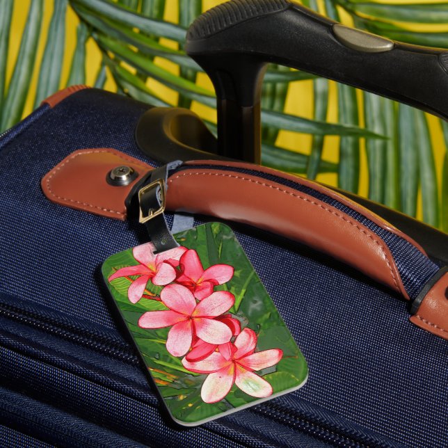 Etiqueta Para Maletas Arte de Frangipani Tropical Rosa (Anverso In situ 1)