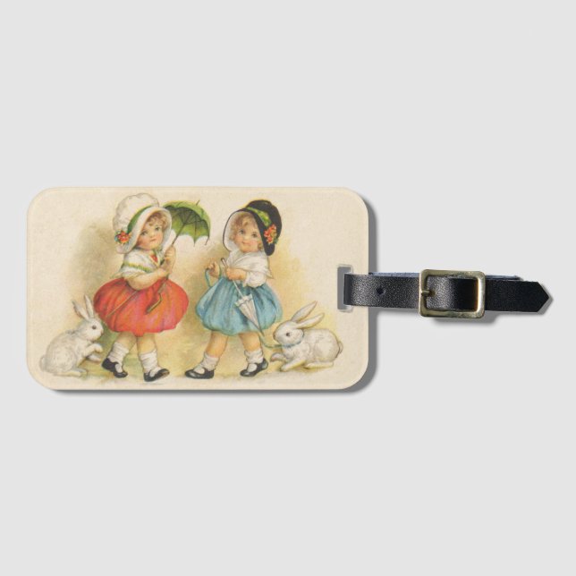 Etiqueta Para Maletas Arte de Pascua Antiguo Conejo Infantil (Anverso horizontal)