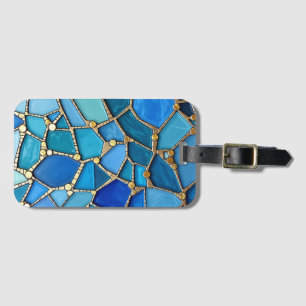 Etiqueta Para Maletas Arte Mosaico Azul y Dorado del Mar de Olas