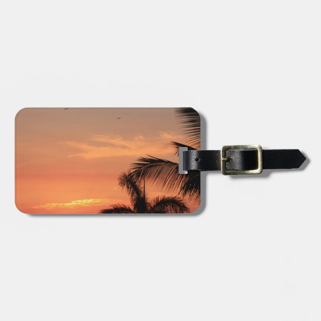 Etiqueta Para Maletas Atardecer naranja hawaiano, pájaros y palmeras (Frente Horizontal)