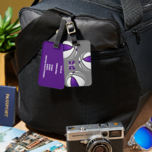Etiqueta Para Maletas atletas de baloncesto gris morado monogramados