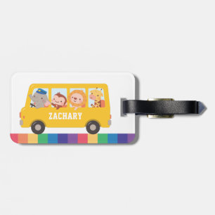 Etiqueta Para Maletas Autobús Escolar Amarillo Y Nombre De Animales Lind