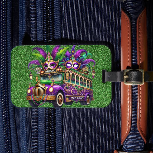 ETIQUETA PARA MALETAS AUTOBÚS PURPLE & GREEN MARDI GRAS Y CARACTERES (Anverso In Situ 4)