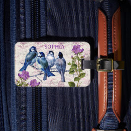 Etiqueta Para Maletas Aves azules vintage, flores púrpuras, música Laven
