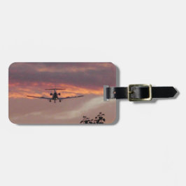 Etiqueta Para Maletas Avión Comercial Aterrizando Al Atardecer