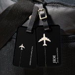 Etiqueta Para Maletas avión de viaje en blanco y negro personalizado<br><div class="desc">Un elemento elegante con la imagen gráfica de un plano blanco sobre negro (color personalizado),  para identificar sus pertenencias</div>