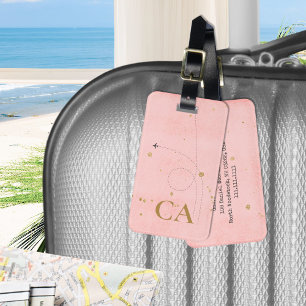 Etiqueta Para Maletas Avión Monograma minimalista Viaje de Oro Rosa
