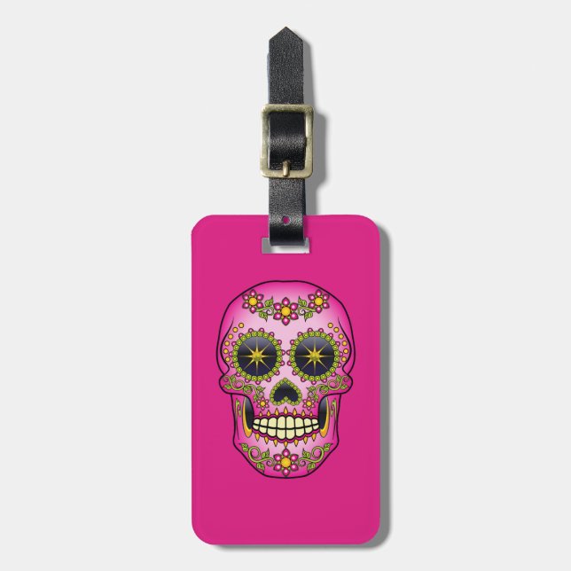 Etiqueta Para Maletas Azúcar Skull Magenta Floral (Frente Vertical)