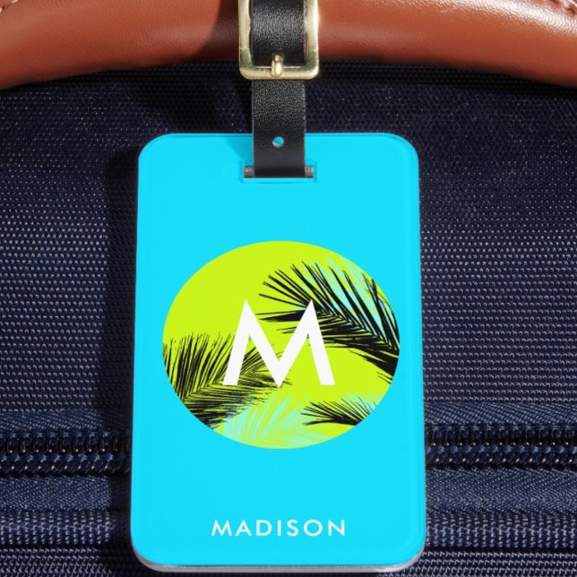 Etiqueta Para Maletas Azul acuático brillante con palmeras tropicales Mo ("Everyday is abundantly beautiful." 
Sincerely Best Wishes from Lucky Design World)