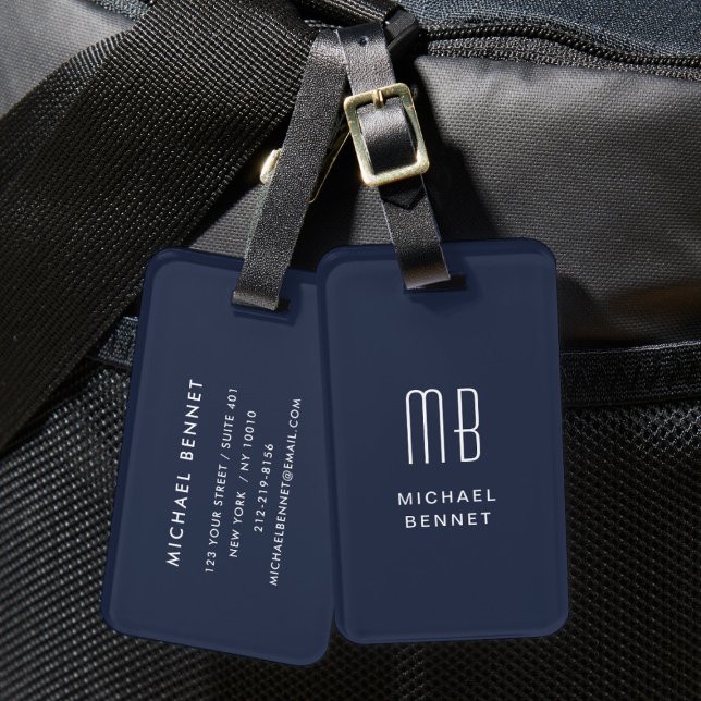 Etiqueta Para Maletas Azul marino monogramado moderno (Modern Monogrammed Navy Blue Luggage Tag)