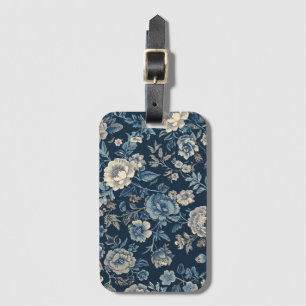 Etiqueta Para Maletas Azul Marino Patrón Botánico Floral Vintage