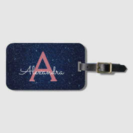 Etiqueta Para Maletas Azul Marino y Rosa Dorado Brillo Glitter Monograma
