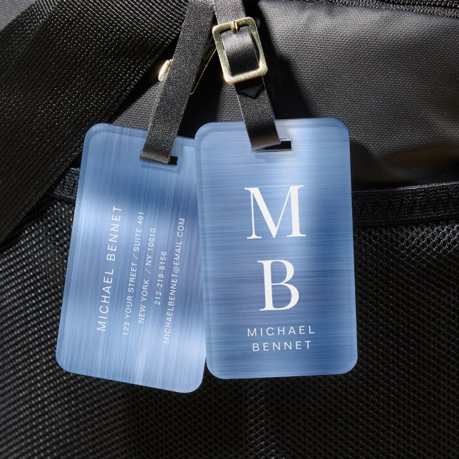 Etiqueta Para Maletas Azul monogramado elegante (Elegant Monogrammed Blue Luggage Tag)