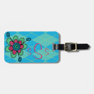 Etiqueta Para Maletas Azul Monogramado y Aqua Argyle & Flower