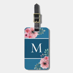 Etiqueta Para Maletas Azul océano   Simple Bloque de color Monograma Flo