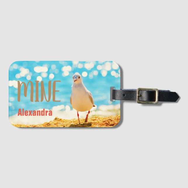 Etiqueta Para Maletas Azul playa personalizado con gaviota (Anverso horizontal)