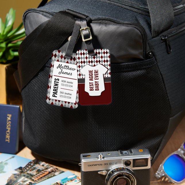 Etiqueta Para Maletas Baby Aggie Maroon Gray Argyle Pattern Bag (Anverso & Reverso)