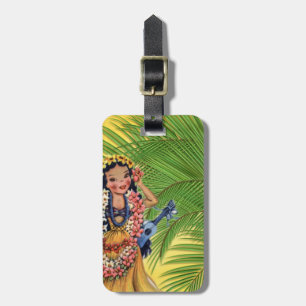 Etiqueta Para Maletas Bailarín hawaiano con la falda y la palmera de