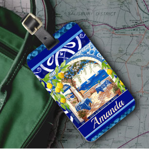 Etiqueta Para Maletas Baldosas azules de los cítricos de la majólica med