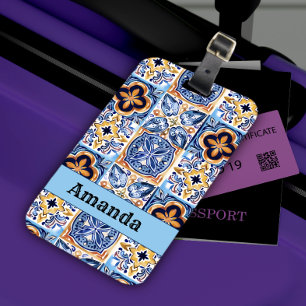 Etiqueta Para Maletas Baldosas de cerámica siciliana azul mediterránea