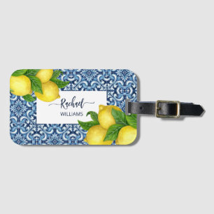 Etiqueta Para Maletas Baldosas y limones italianos azul ornamentados de 