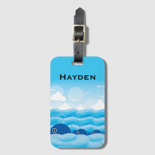 Etiqueta Para Maletas Ballenas y olas Océano azul personalizado (Anverso vertical)