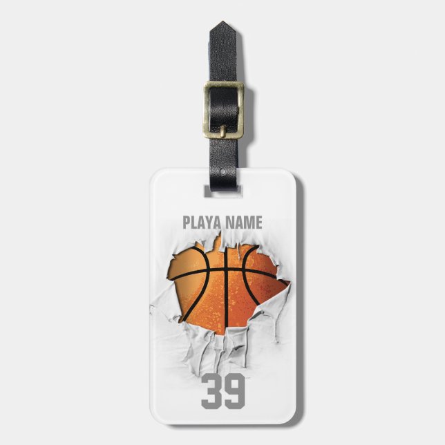Etiqueta Para Maletas Baloncesto rasgado (blanco personalizado) (Frente Vertical)