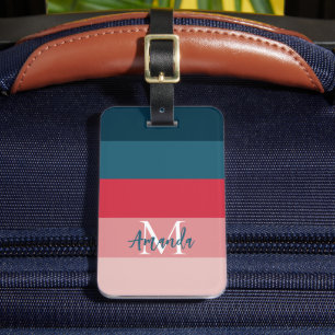 Etiqueta Para Maletas Banda horizontal moderna Monograma rosa y azul