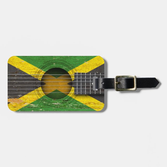 Etiqueta Para Maletas Bandera jamaicana en la guitarra acústica vieja (Frente Horizontal)
