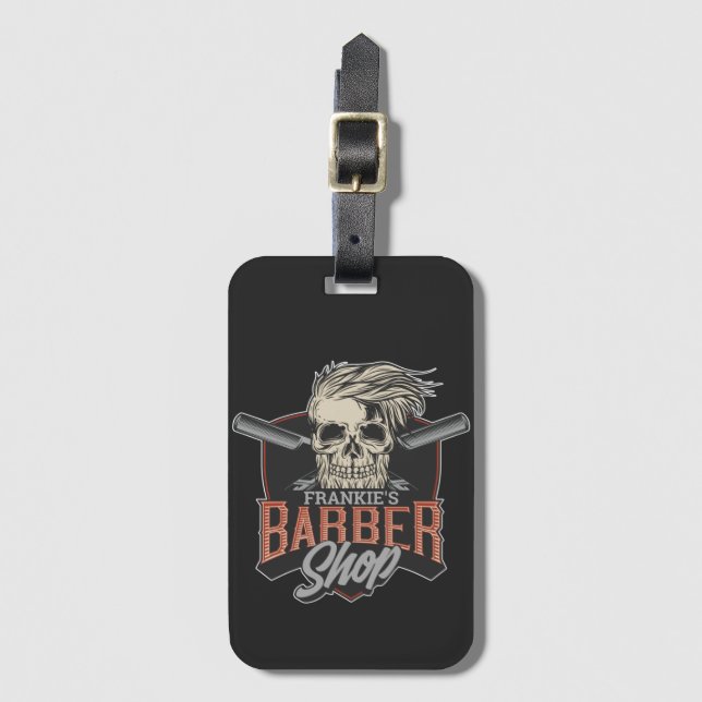 Etiqueta Para Maletas Barbería personalizada Hipster Skull y Razors (Anverso vertical)